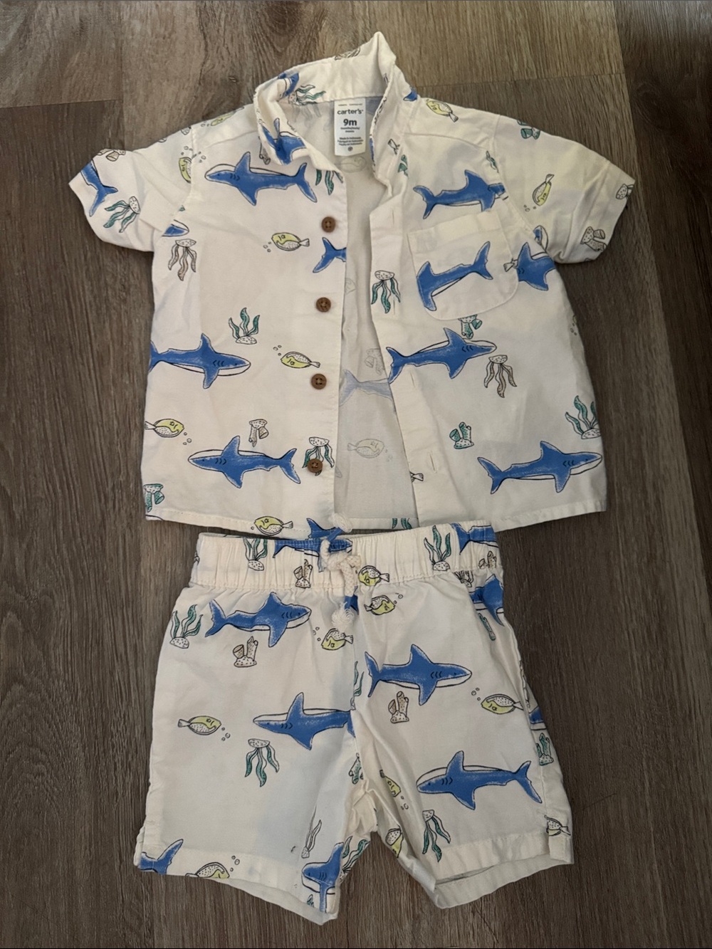 Carter's White Short-Sleeve Shark Print Pajama Set with Blue Sharks